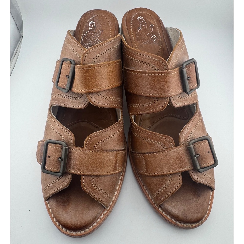 Freebird Caprice Mule Sandals 10 Tan Excellent Leather Buckle Block Heel 08610